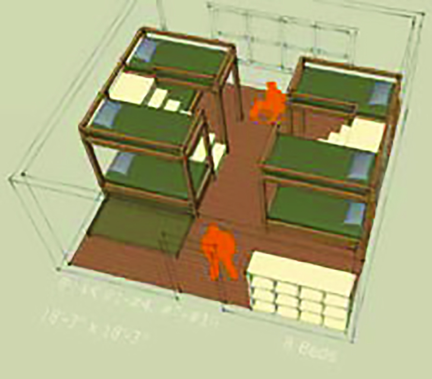 3D layout of accessible bunk beds in a Hemlock dorm room