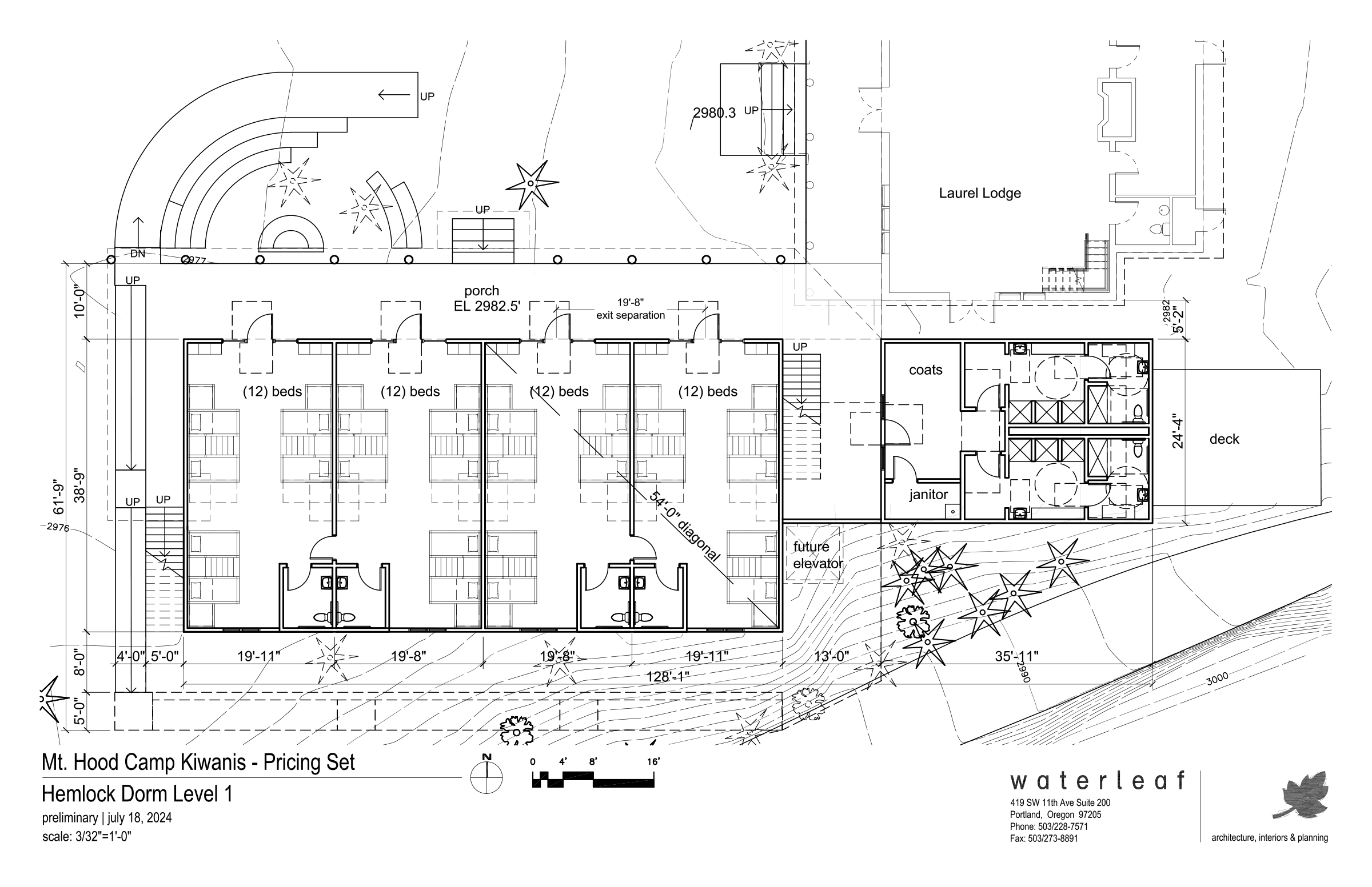 Hemlock Dorm Level 1 floor plan, four rooms of 12 beds with shared baths, by Waterleaf Architecture