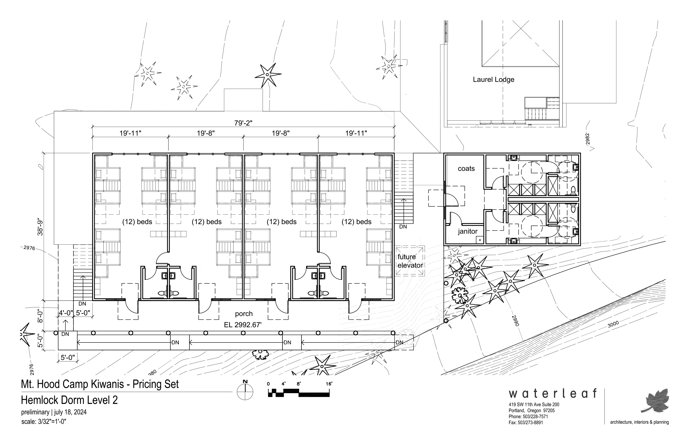 Hemlock Dorm Level 2 floor plan, four rooms of 12 beds with shared baths, by Waterleaf Architecture